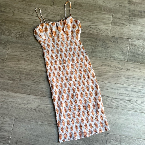 NWT J. Crew Smocked Linen Dress In Gathered Floral Block Print White/Orange SZ 4 - Picture 2 of 15